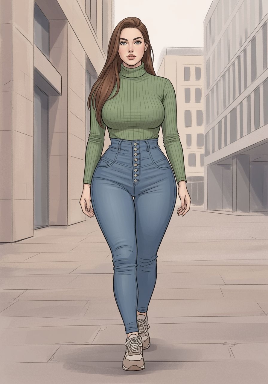 Curvy Woman in City, Modern Graphic Novel Style