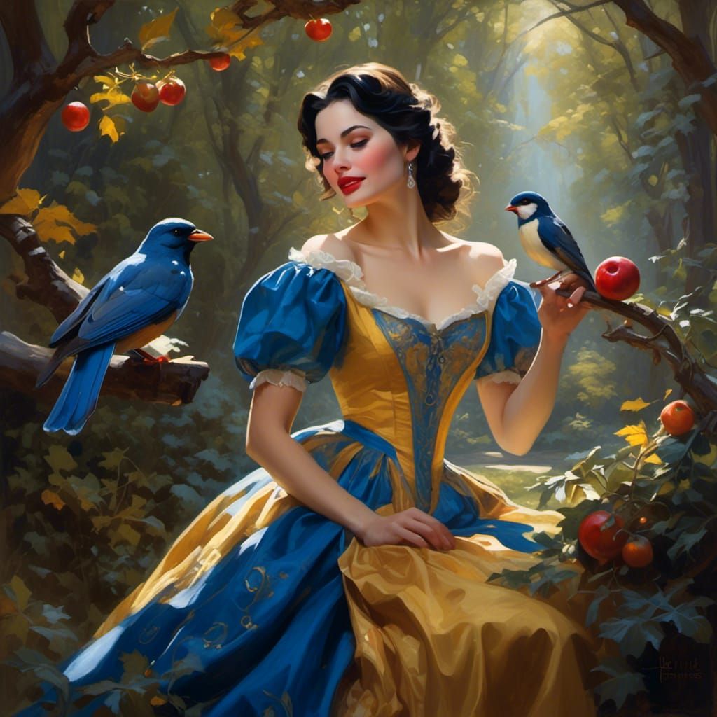 Snow White Singing in Enchanted Forest, Oil Painting