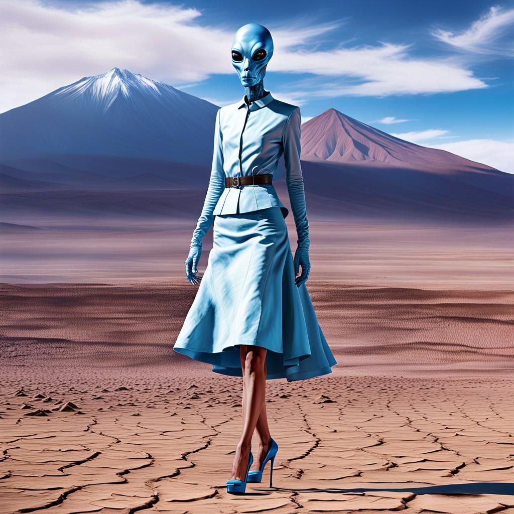 Top female alien model, tall, dressed futuristically but wit...