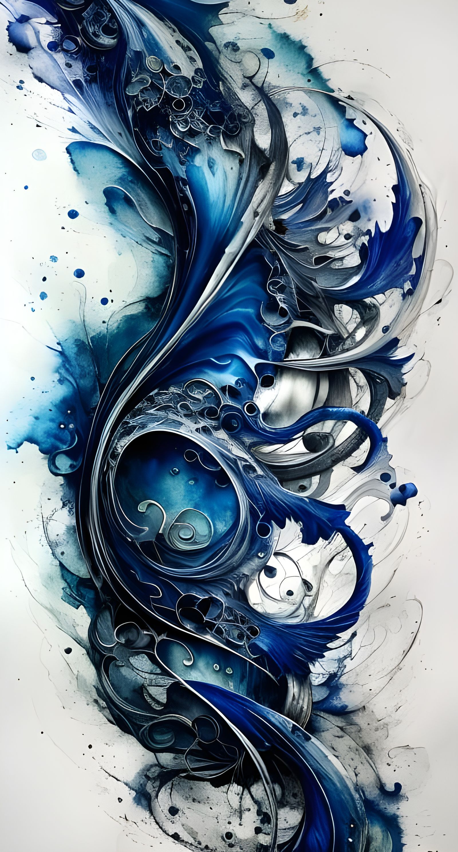 Intricate Ink Flow in Blue Chrome: 8K Masterpiece