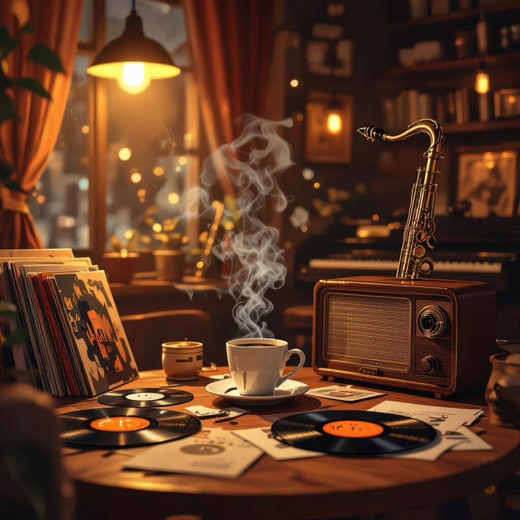 Cozy Lofi Jazz Cafe YouTube Banner - Digital Illustration