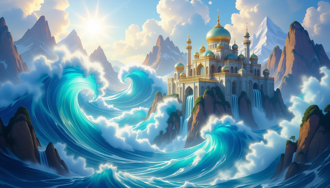 Surreal Mountain Landscape with Cascading Ocean Waves and Or...