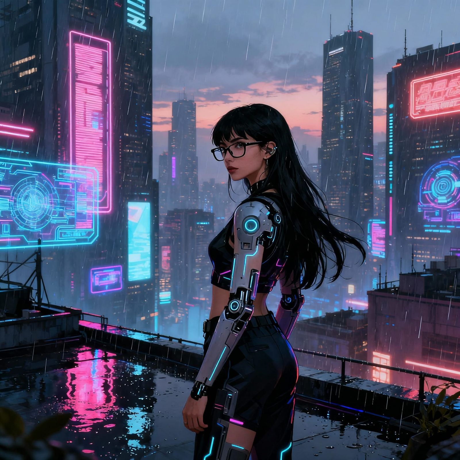 Cyberpunk Cityscape with Woman in Y2K Fashion