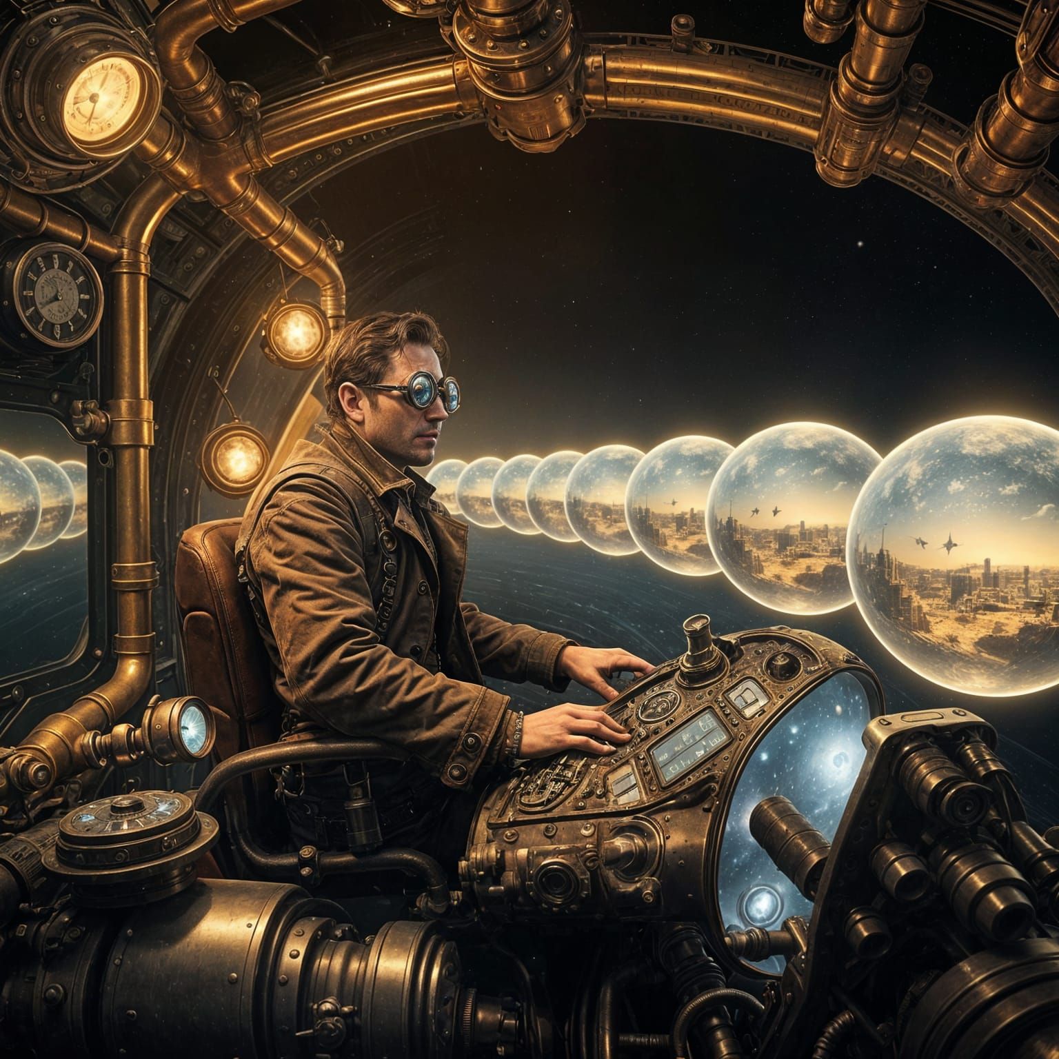 Steampunk Time Traveler Navigates Infinite Orbs in Space