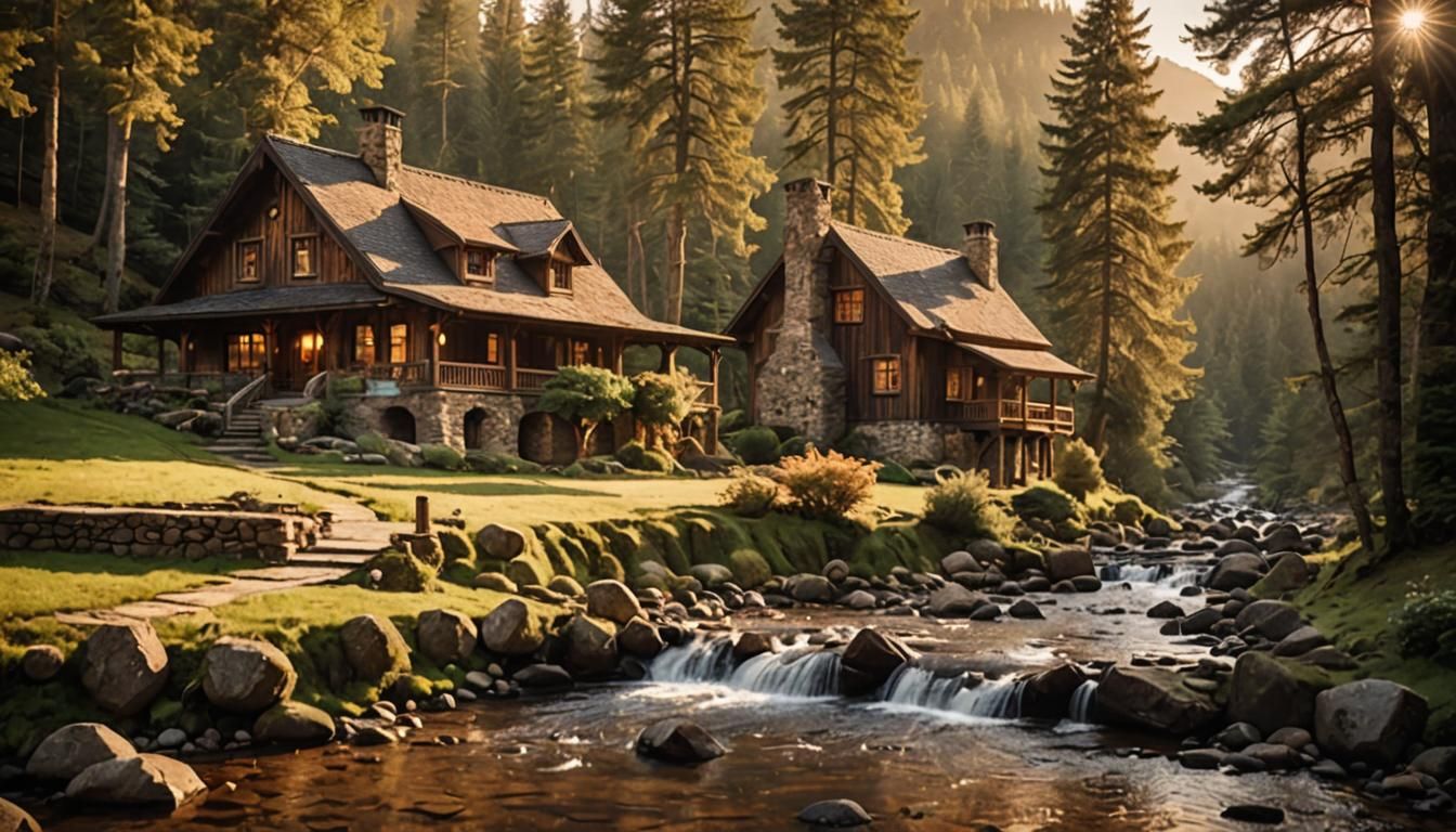Serene Mountain Retreat in Golden Hour Light
