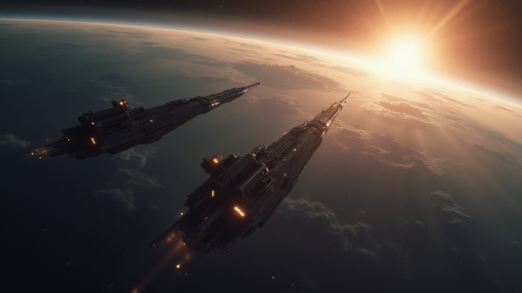 Futuristic Starships Ascending into Space: Cinematic Wide Sh...