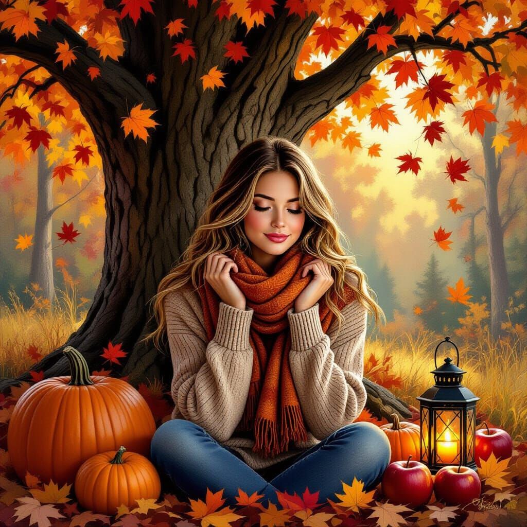 Autumn Woman in Forest, Golden Light