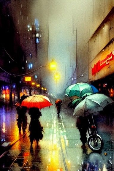 City Street at Night: Gouache and Watercolor Painting