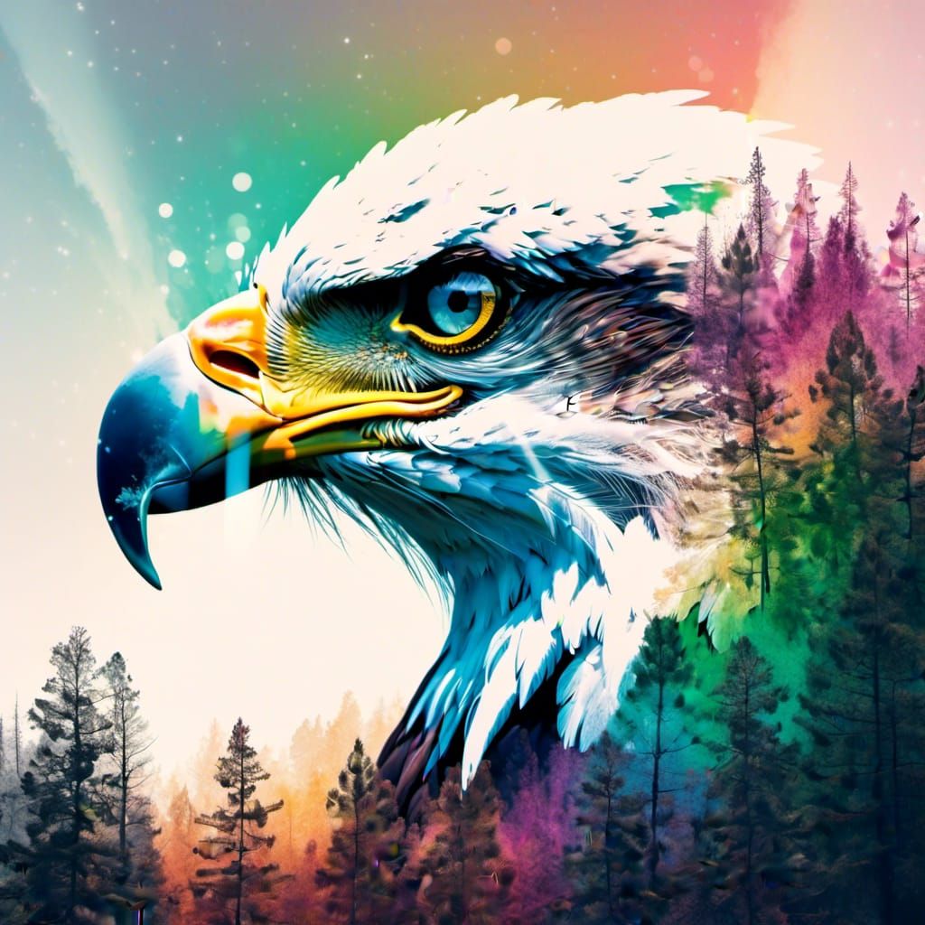 Eagle Portrait with Forest Double Exposure