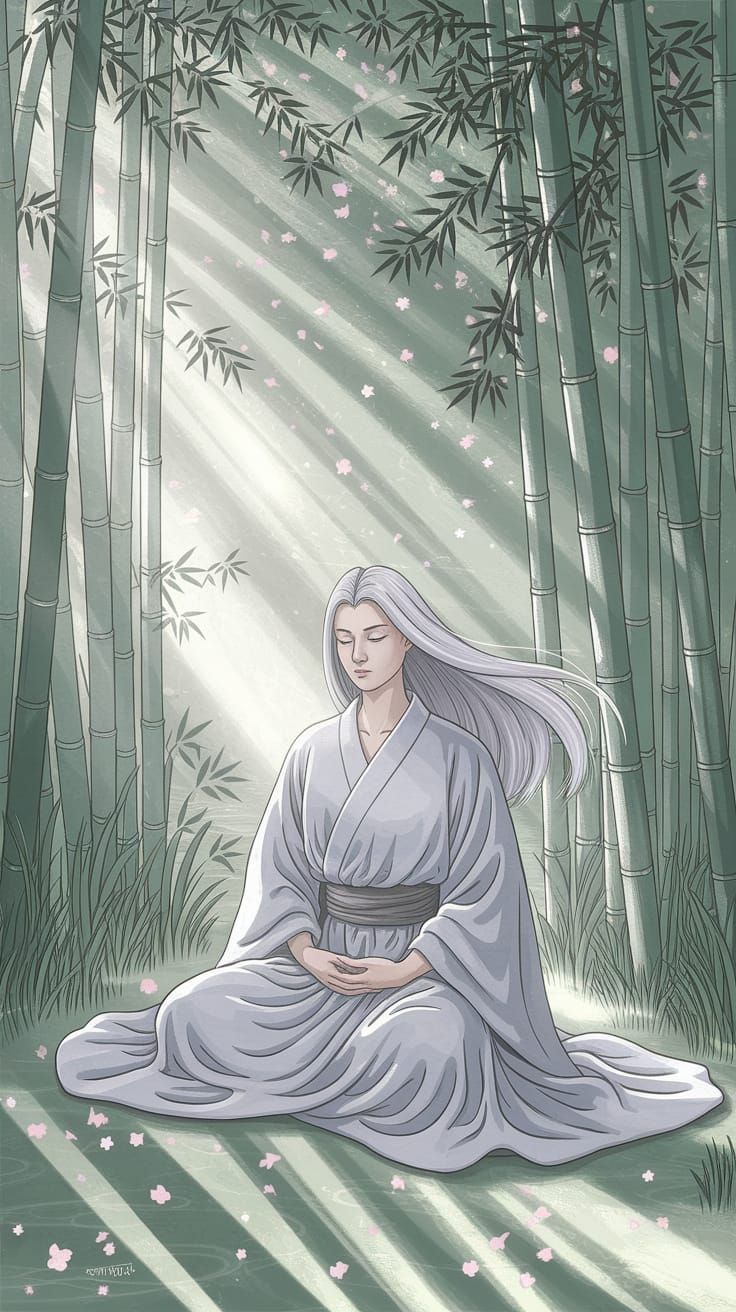 Ethereal Aasimar Monk Meditates in Bamboo Forest