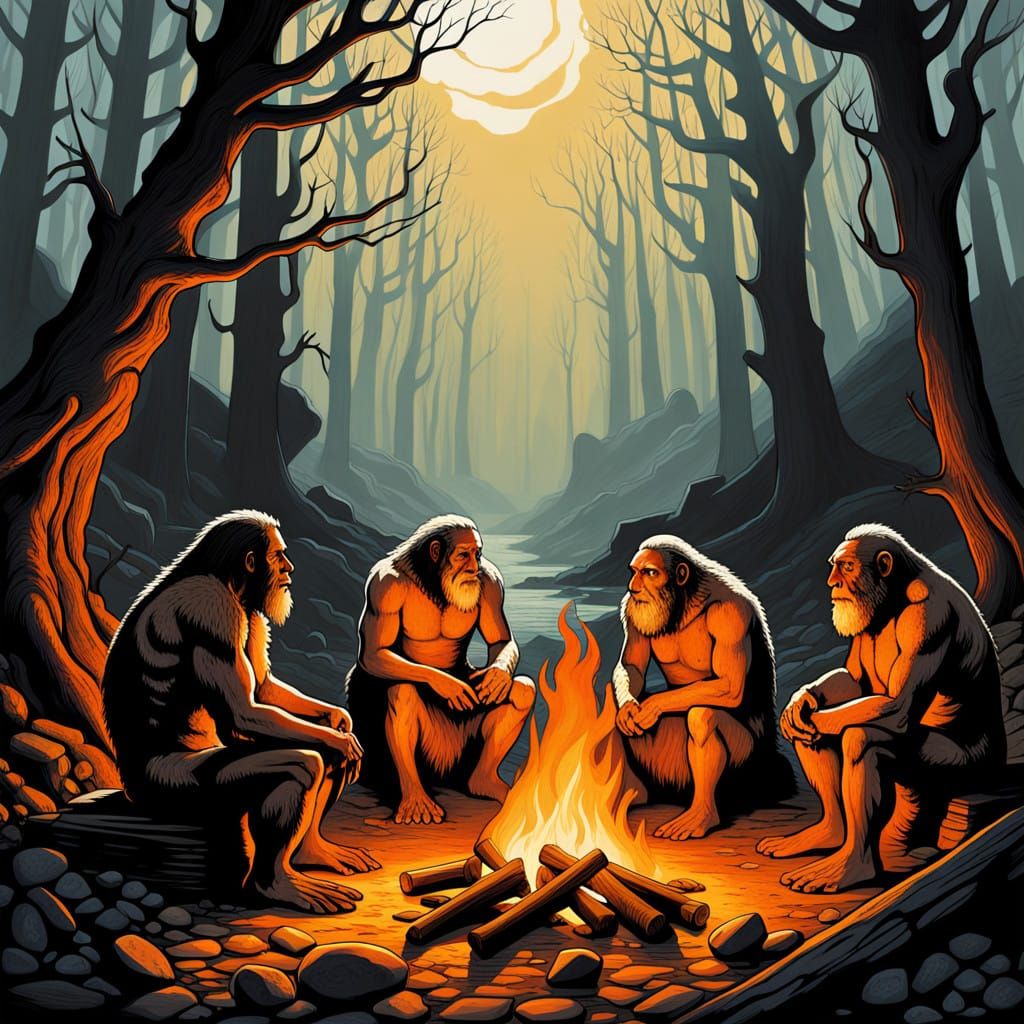 Neanderthals Gather Around a Flickering Fire in a Primeval L...