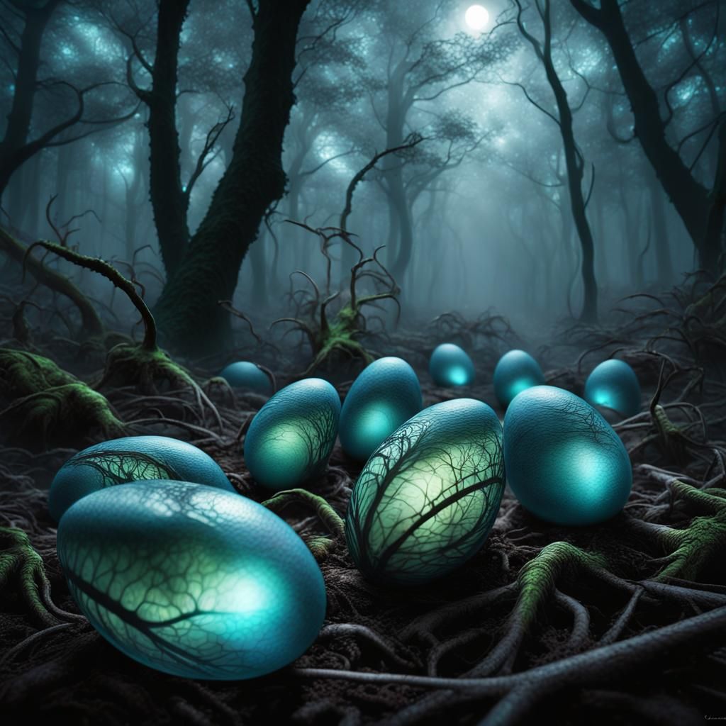 Alien Insect Predators Hatching in Misty Forest