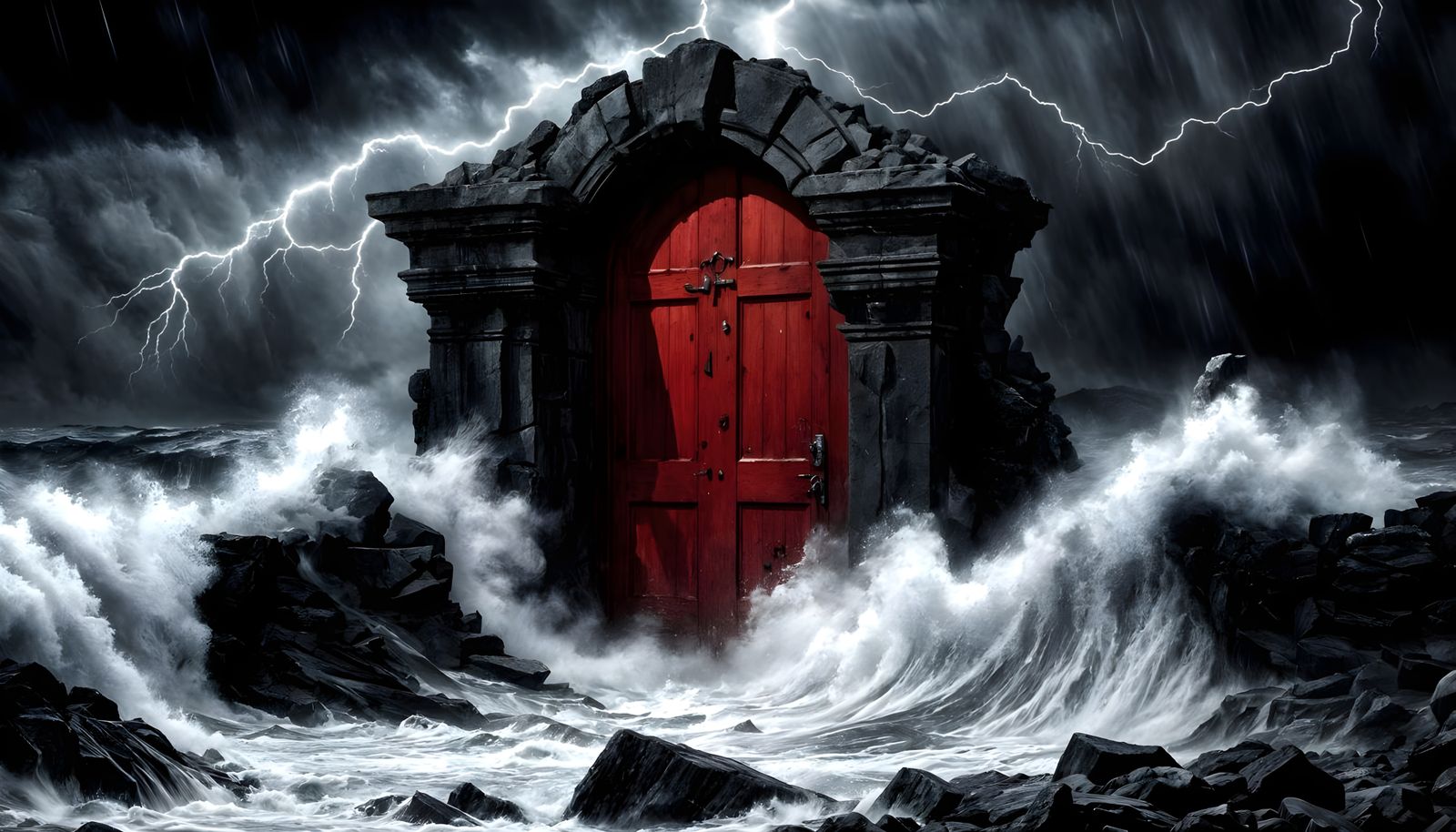 Stormy Ocean Portal with Red Door