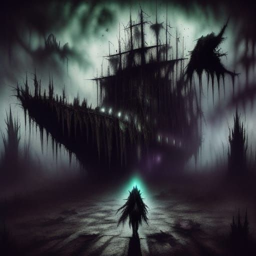 Skeletal Woman on Phantom Ship in Cosmic Nebula