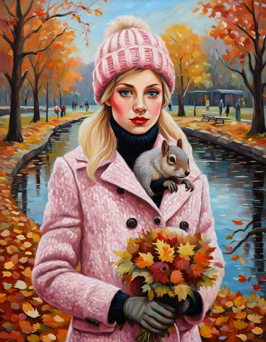 Elegant Woman Feeds Squirrel in Autumn Park Oil Painting