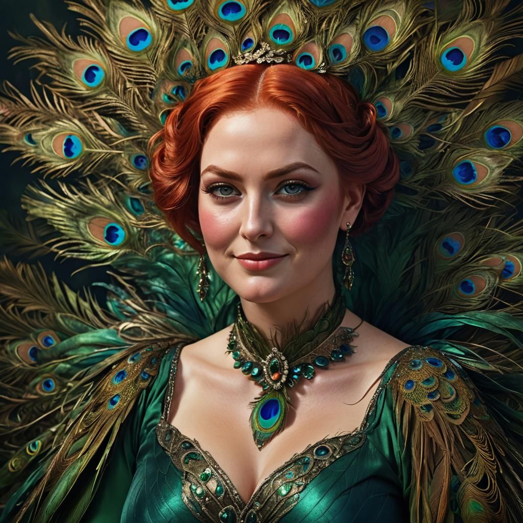 Beautiful Woman with Red Hair and Peacock Feathers