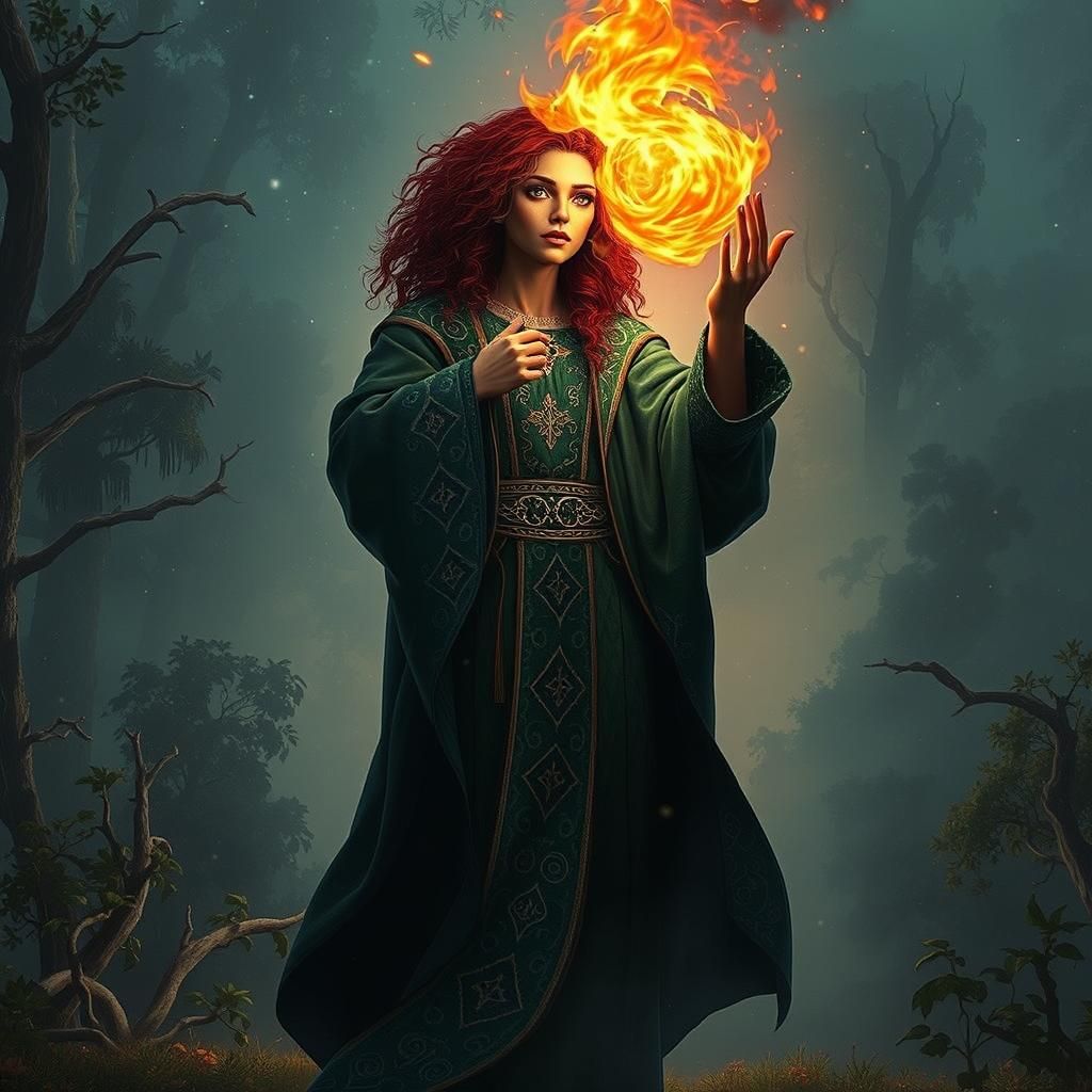 Sorceress Conjures Fireball in Anime Style