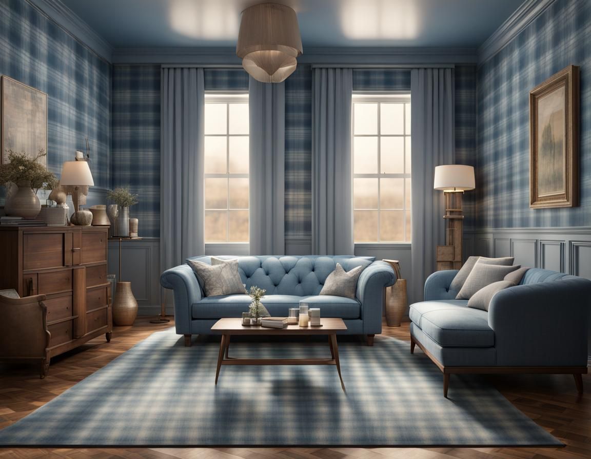 Intricate Blue Plaid Living Room in 3D