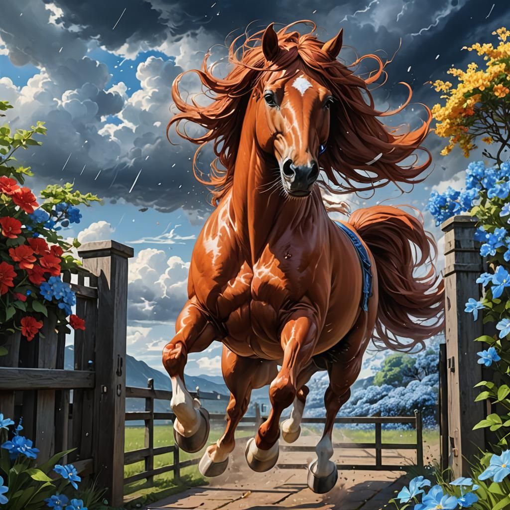 Red Horse Jumps Gate: Hyperrealistic Anime Splash Art