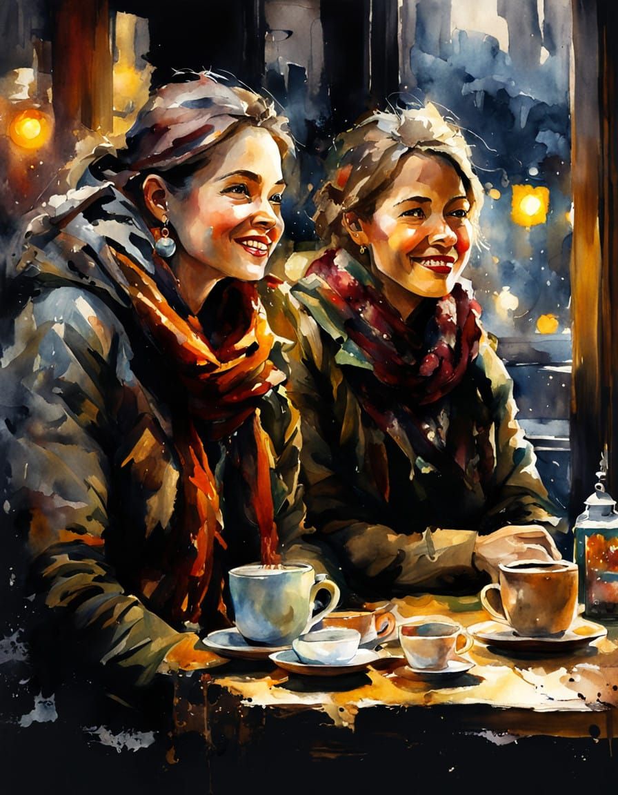 Watercolor Portrait of Happy Ladies in Rustic Coffeeshop