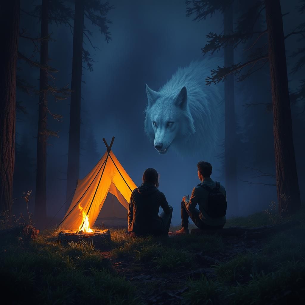 Camping Couple Encounter with Wolf: Dark Fantasy Art