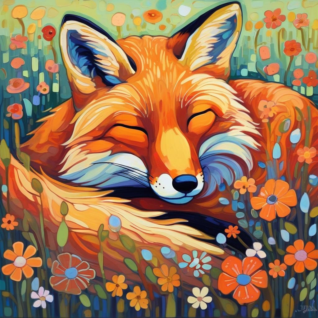 Fox Sleeping in Field of Flowers Painting