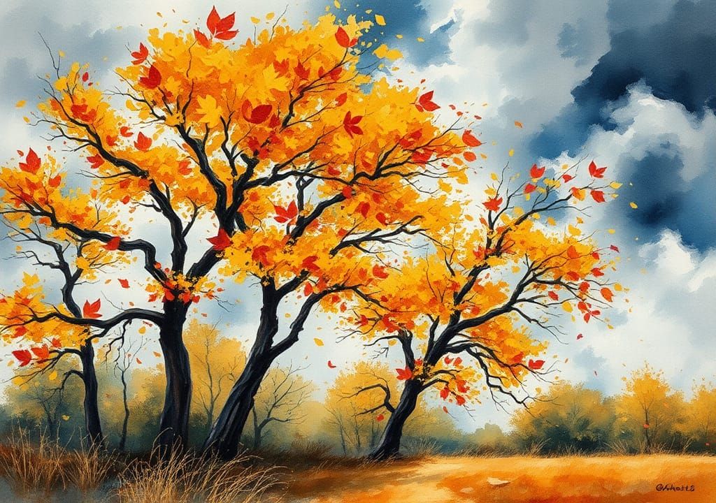 Tempestuous Trees in Watercolor Landscape