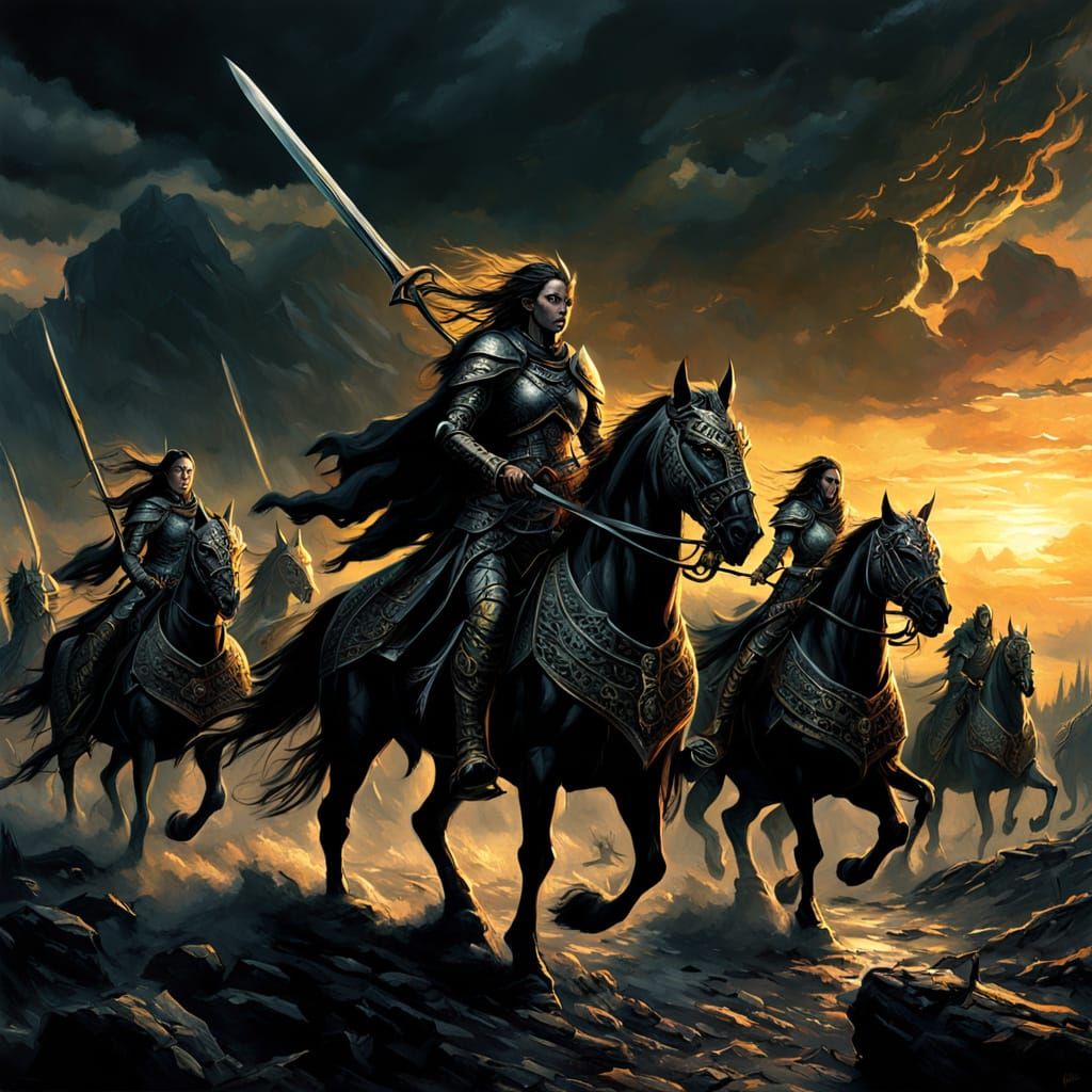 Female Warriors Ride into Battle: Dark Fantasy Oil Painting
