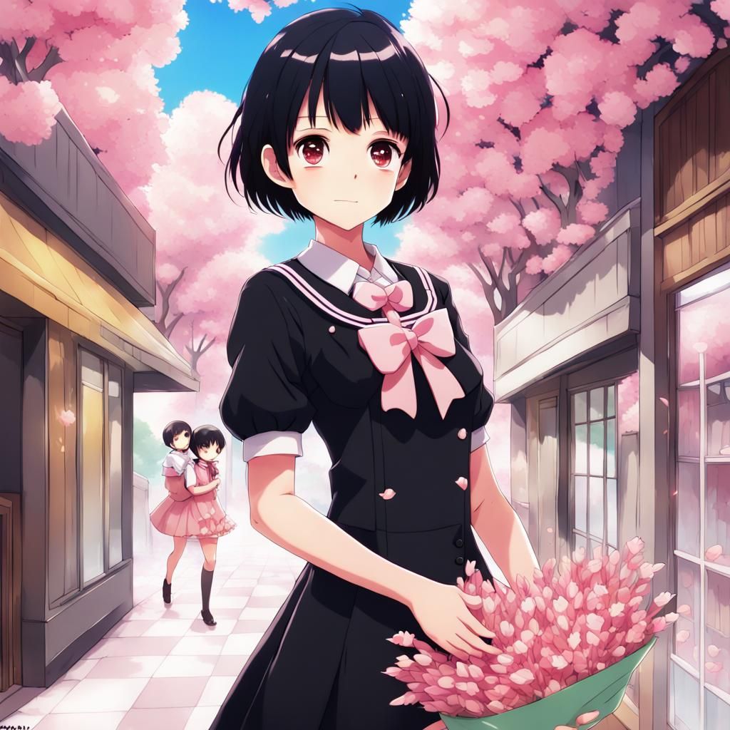Anime Girl in Pink Dress with Flowers