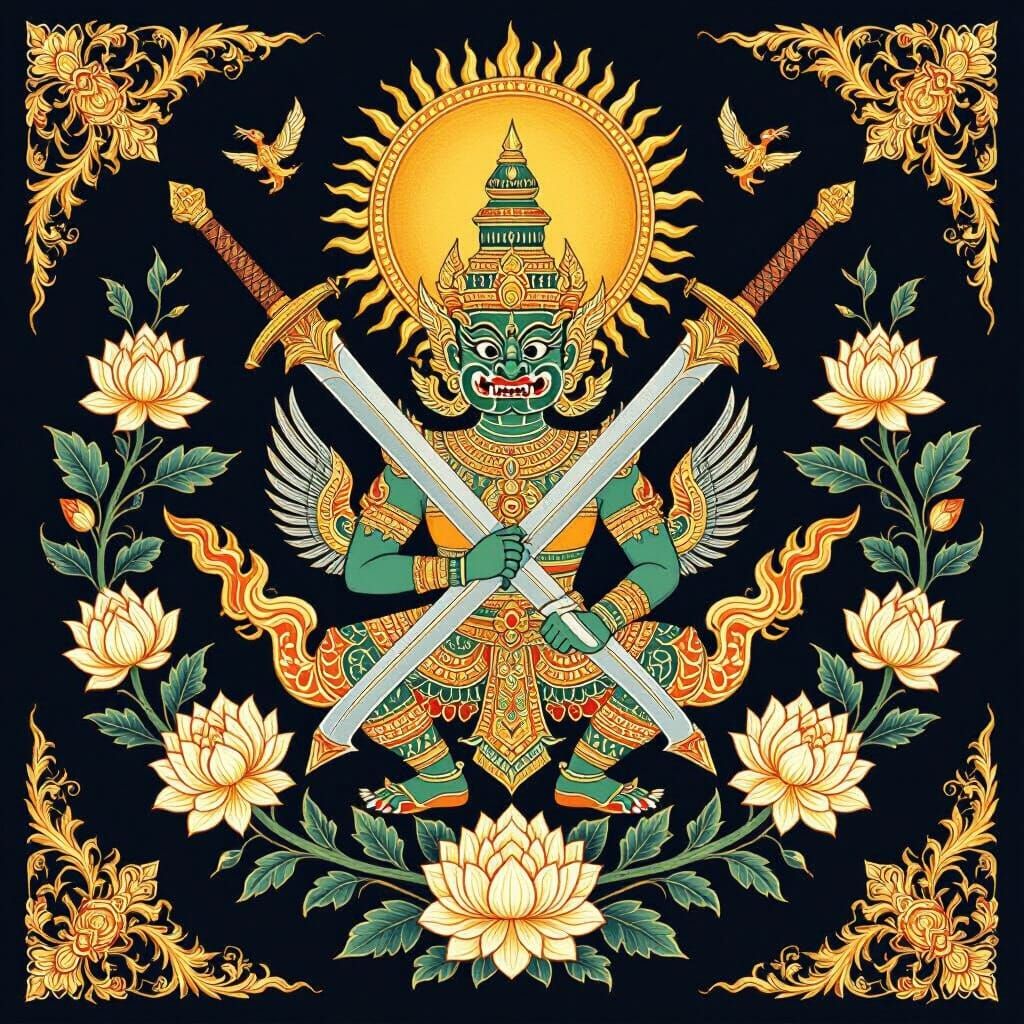 Mythical Nāga Family Crest in Thai Art Style