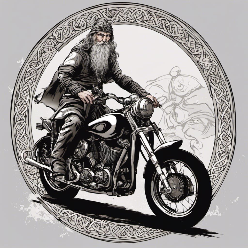 Celtic Druid Rides a Motorcycle