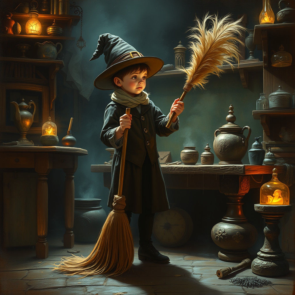 Animated Broom Cleans Sorcerer's Workshop, Luminous and Deta...