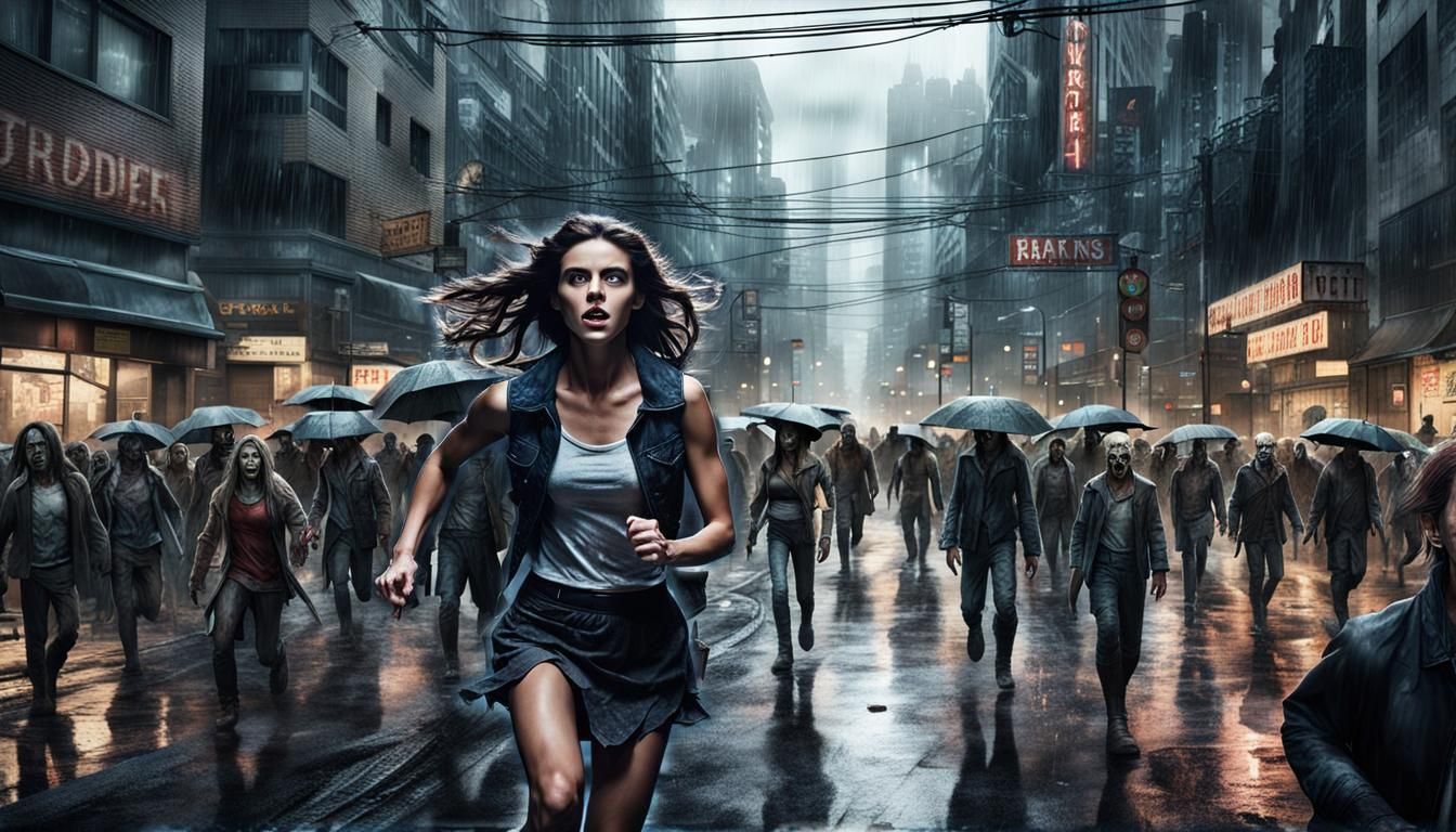 Dystopian Zombie Horde in Rainy City Street