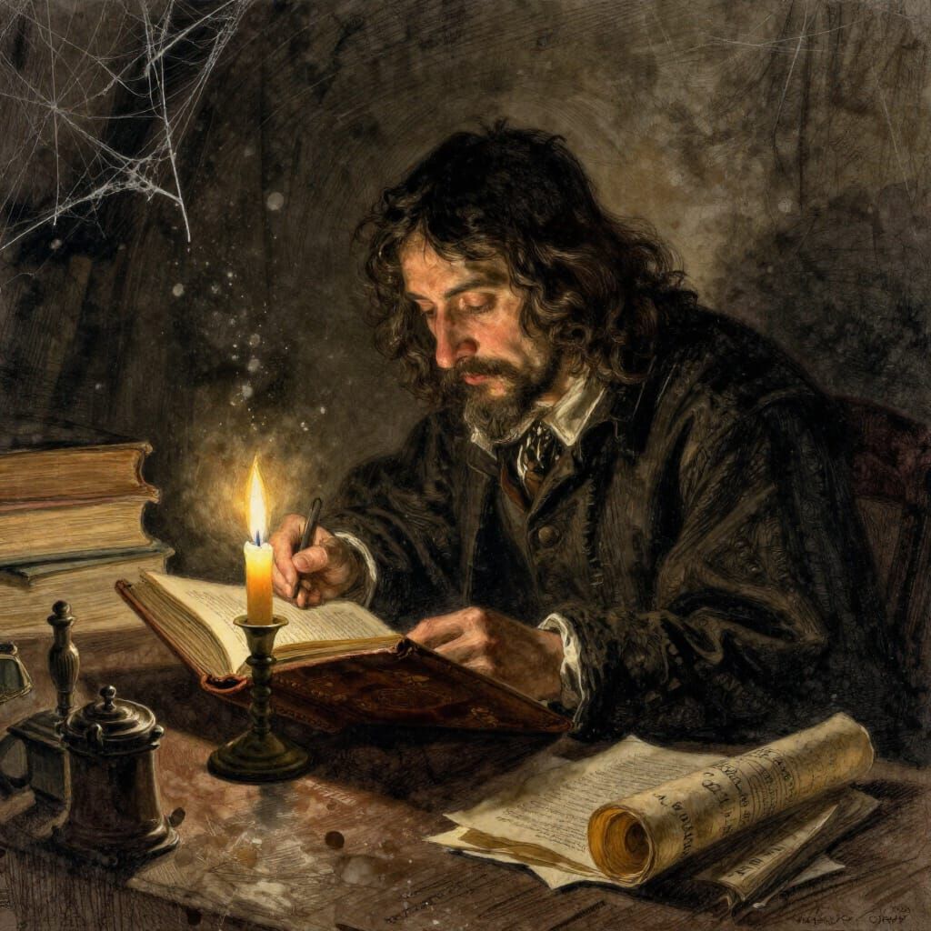 Scholar Studies Ancient Tome by Candlelight