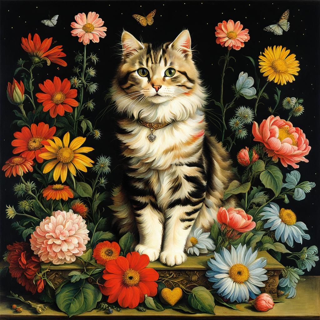 Cat with Flowers in Dürer Style