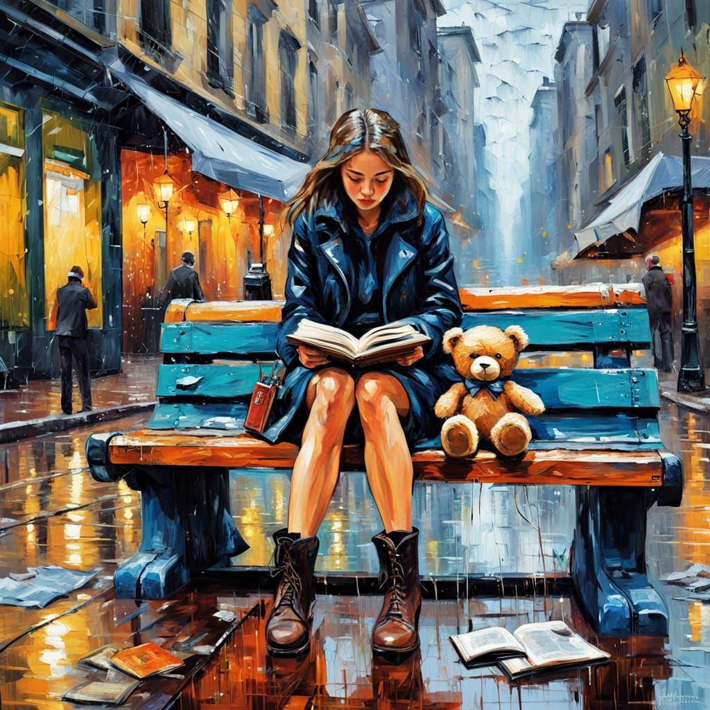 Girl with Teddy Bear in Rainy City, Vintage Glitchcore Style