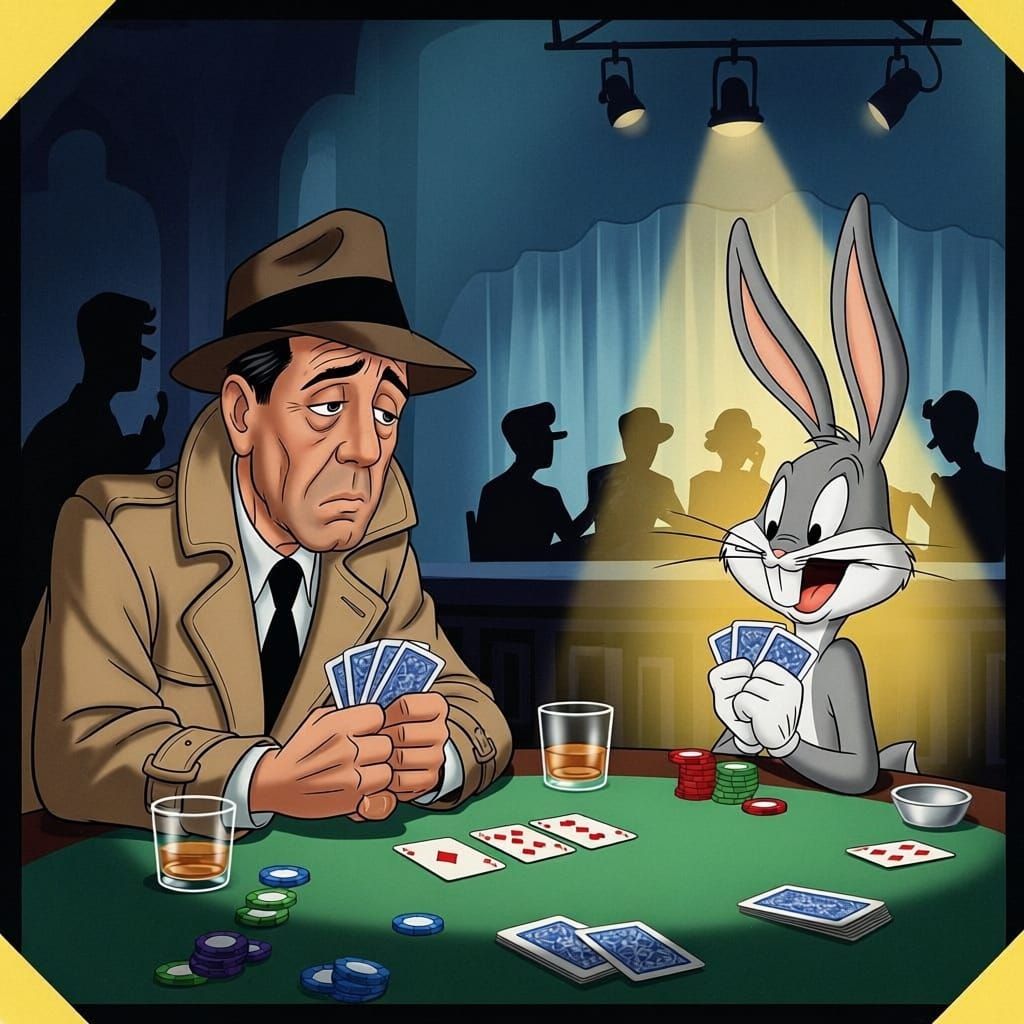 Bugs Bunny and Bogart Play Poker in 1950s Cartoon Style
