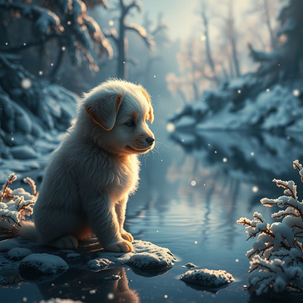 Puppy's Reflection on Frozen Lake, in Matte Painting Style