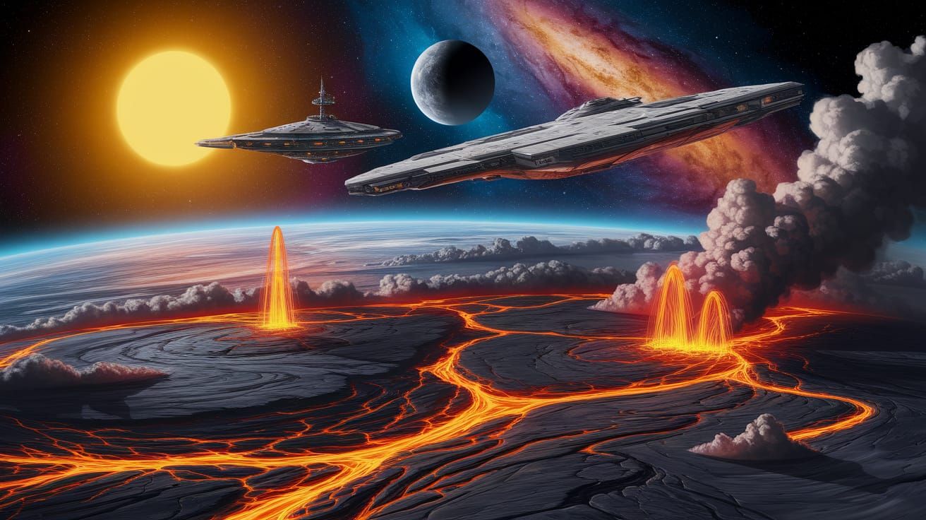 Space Station and Volcano Planet in Alcohol Ink Style