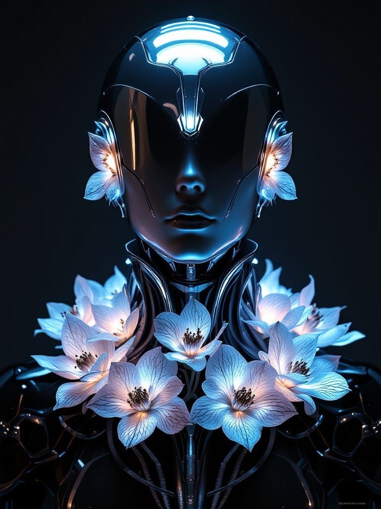 Ethereal Biomechanical Bloom in Cyberpunk Elegance