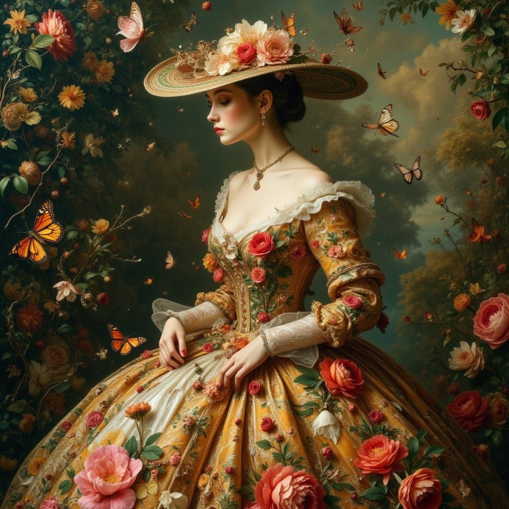 18th Century Noblewoman Amidst Floral Dress and Butterflies