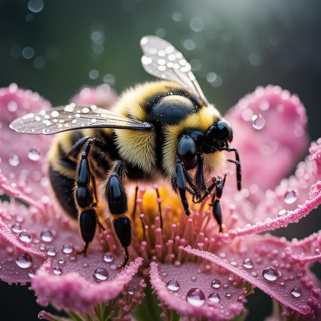 Dew-Kissed Bumble Bee: Hyperrealistic Floral Photograph