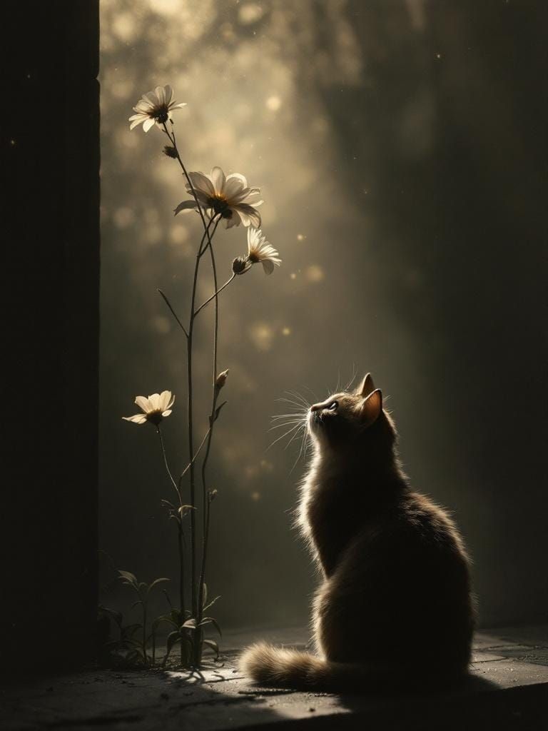Cat Under Flower with Film Noir Lighting
