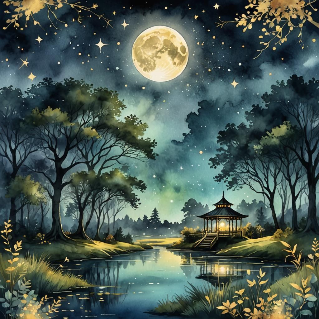 Moonlit Meadow in Forest Glade: Digital Watercolor