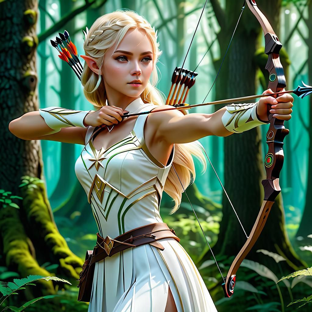 A beautiful light elf queen practicing archery in a forest