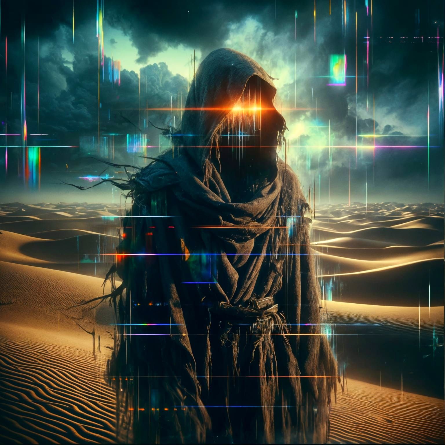 Neon Glitch Specter in Desolate Desert