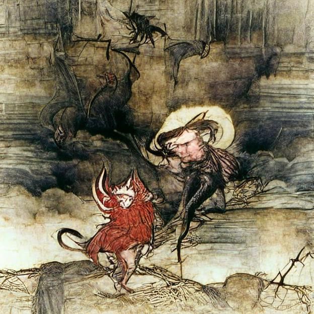 Dramatic Depiction of Satan in Arthur Rackham Style