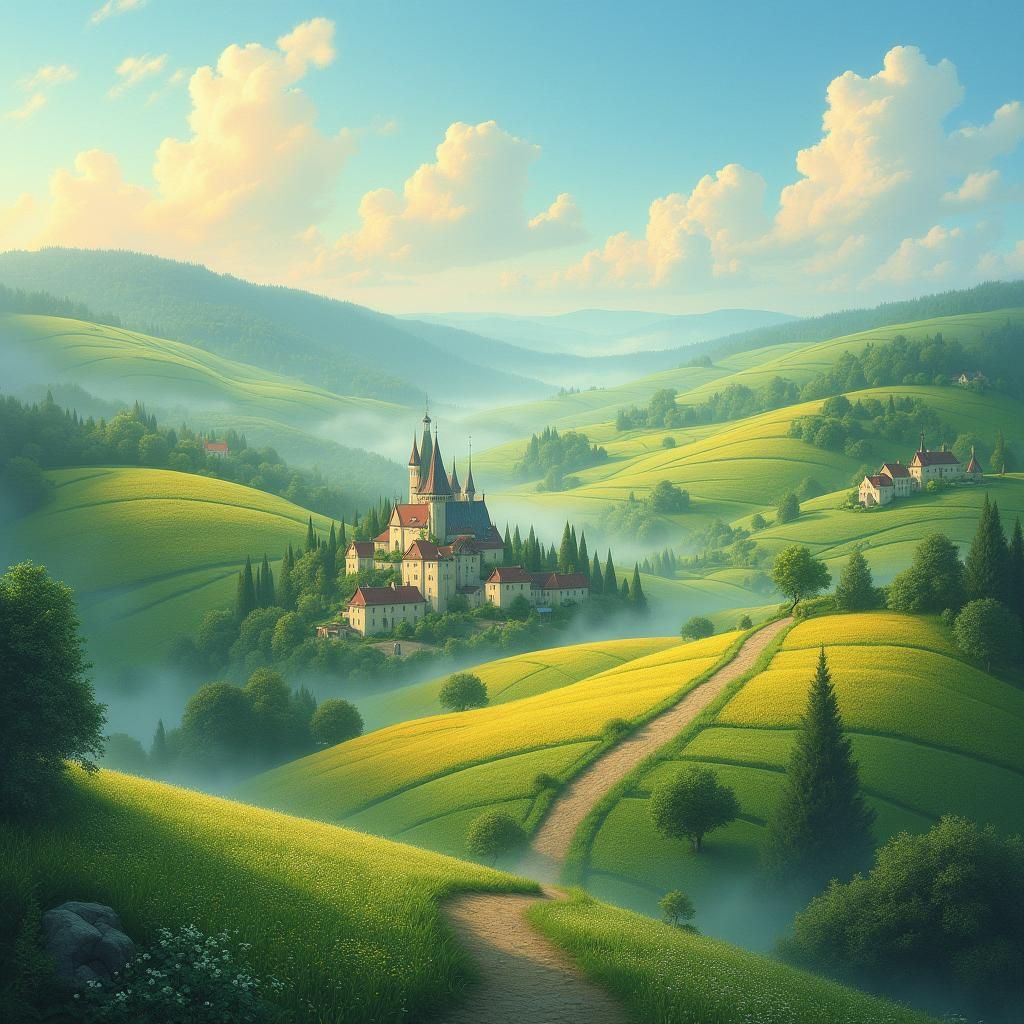 Ethereal Village Surrounded by Lush Fields