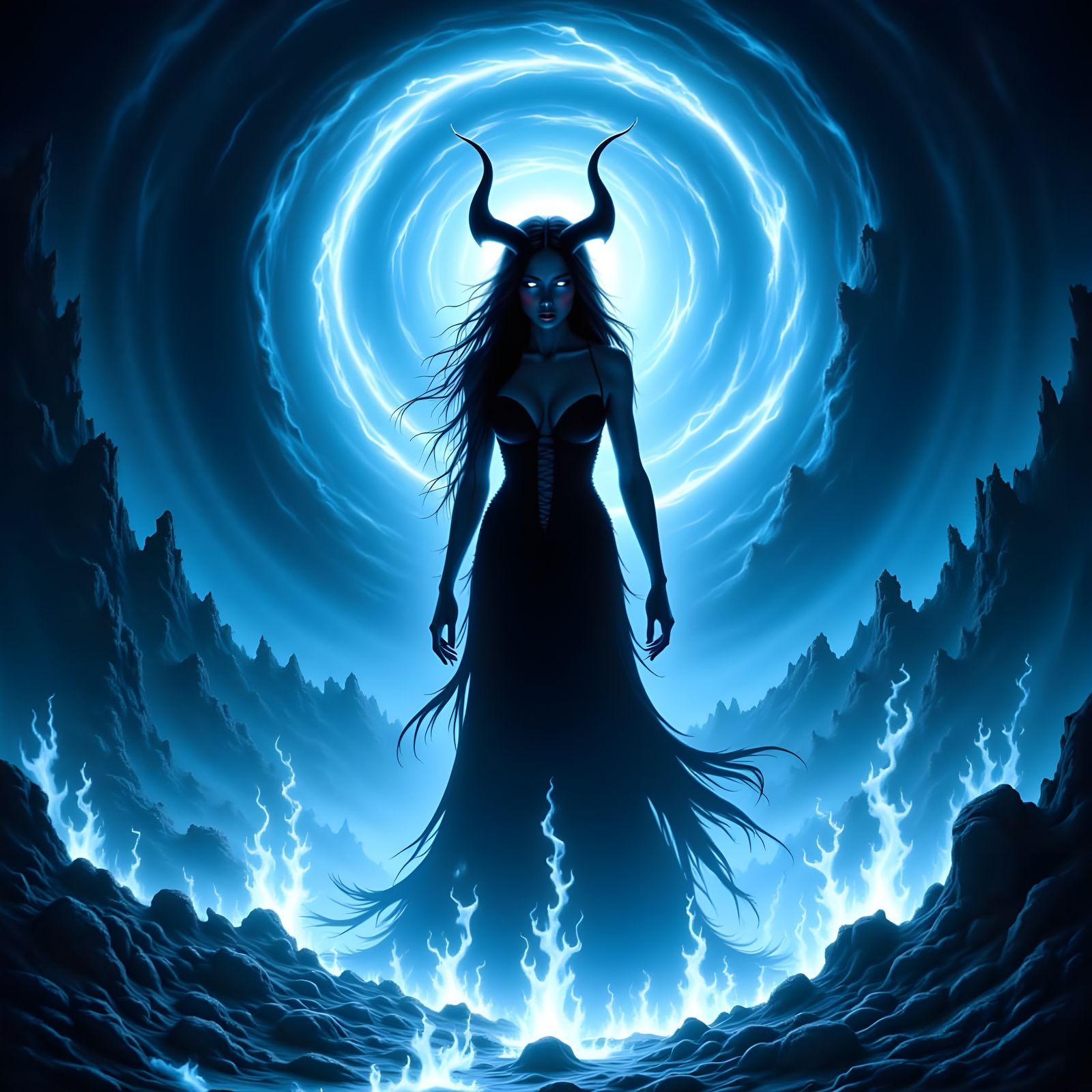 Demon Woman Silhouette from Fiery Vortex in Dark Fantasy Com...