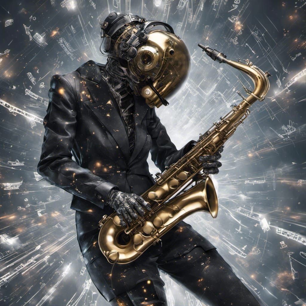 Cybernetic Woman Plays Saxophone in Space